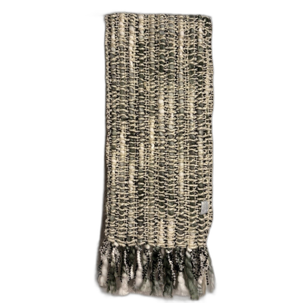 Rising Tide Eco Woven Green and White Scarf Fringed Recycled Material One Size